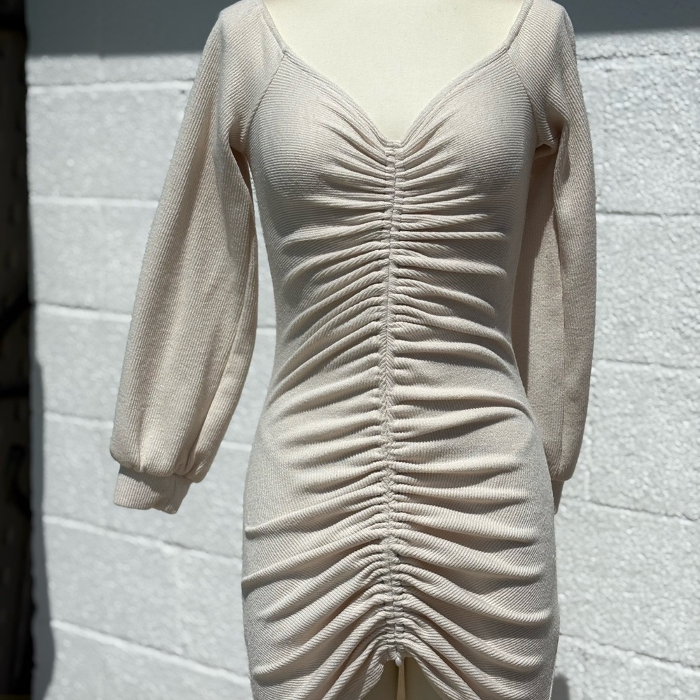 Fashion Nova Tan Bodycon Dress with Ruched Puff Sleeves
